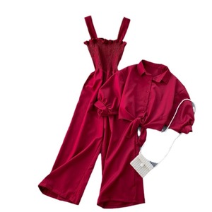 Conjunto de Dos Piezas Estilo Vacacional, Pantalones Anchos Plisados con <span class=keywords><strong>Tirantes</strong></span>, <span class=keywords><strong>Camisa</strong></span> Tipo Cárdigan de <span class=keywords><strong>Manga</strong></span> <span class=keywords><strong>Corta</strong></span> con Cuello, Moda Femenina - Product Image 5
