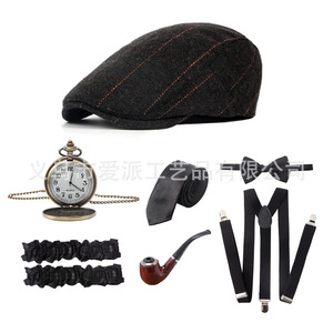 Men's Themed Party Hat Pipe Pocket Watch Tie Suspenders Set Costume Props - Product Image 2