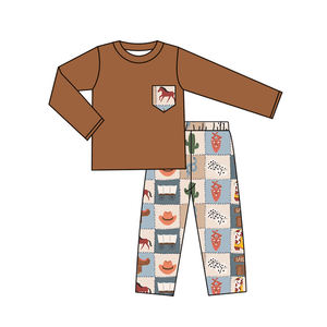 प्रीऑर्डर कस्टम पश्चिमी बच्चे बच्चे टॉडलर की जेब ठोस रंग टी शर्ट शीर्ष जॉगर पैंट आउटफिट - Product Image 2