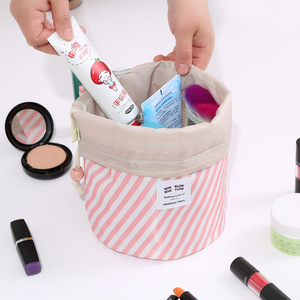 Travel Storage Bag Cosmetic <b>Pouch</b> <b>Drawstring</b> Closure Pink Striped Blue Flamingo Navy Blue Feathers Makeup Organizer - Product Image 2