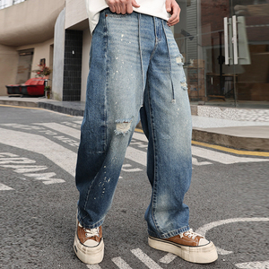 OEM Custom <strong>Mens</strong> <strong>Baggy</strong> <strong>Jeans</strong> Wide Leg Washed Blue Denim Pants Contrast Panel Distressed Streetwear Y2K - Product Image 4