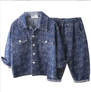 Custom Laser Patroon Kinderen Denim Jassen Jeans Suits Ademend Top Kwaliteit Katoen Jeans Kleding Set Voor Jongens Kids