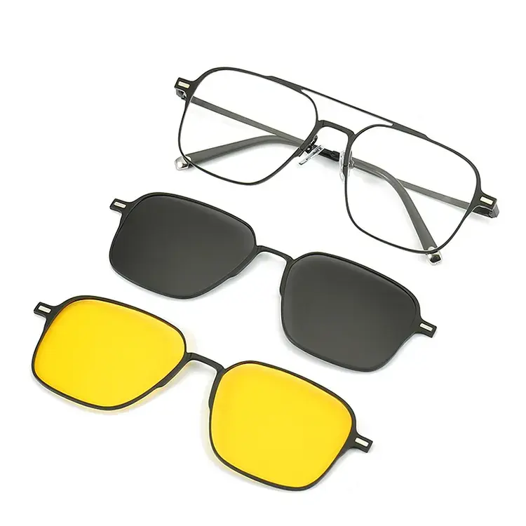 Lunettes de soleil à clipser magnétiques à monture métallique classique trois en un Lunettes de soleil polarisées à vision nocturne pour hommes Lunettes de soleil à clipser