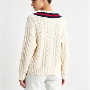 Pull en tricot torsadé pour femme, col en V, blocs de couleur, manches longues, style vintage preppy, pour tenue de campus - Product Image 3