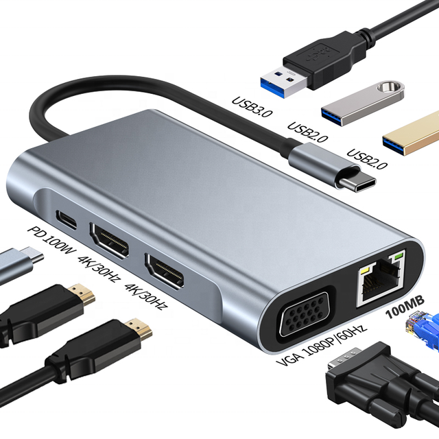 8 in 1 Multifunction Docking Station Usb c Hub Multi Function Adapter Usb2.0 Usb3.0 Type C Hub Dual HD Expansion Dock