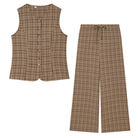 Ensemble gilet sans manches à carreaux et pantalon droit taille haute personnalisé 2026, tailleur élégant deux pièces pour le bureau, OEM/ODM par usine chinoise
