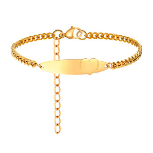 Personalized <b>Engravable</b> Stainless Steel Heart Curved Bar Bracelet Minimal Polished Link Chain Gold Color Unisex Fashion Gift - Product Image 1