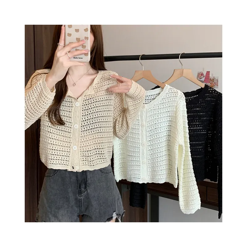 Summer Hollow out Knitted Cardigan New Long sleeved Shawl Overlay Small Cover Up Plain Holiday Mesh Top Female