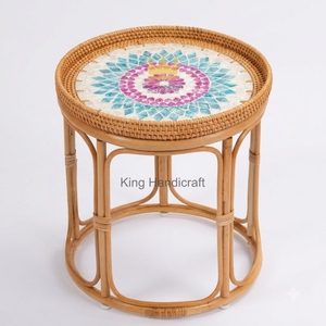 Handcrafted Natural Bamboo Rattan Side <b>Table</b> Mother of Pearl Inlay Minimalist <b>Round</b> <b>Bedside</b> Coffee Accent <b>Table</b> Cheap Price - Product Image 1