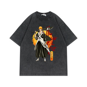 Camisetas Personalizadas de 700 Diseños, Fabricantes de Camisetas de Algodón Negro Grueso con Lavado Ácido, Estilo Vintage, Camiseta de Anime BLEACH para Hombre - Product Image 2