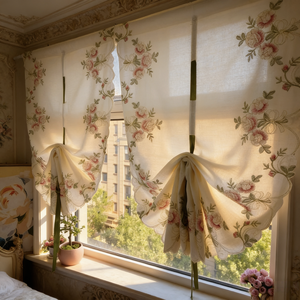 Voilages romains vintage brodés de roses roses, à nouer, <span class=keywords><strong>rideaux</strong></span> semi-transparents pour balcon et décoration intérieure - Product Image 2