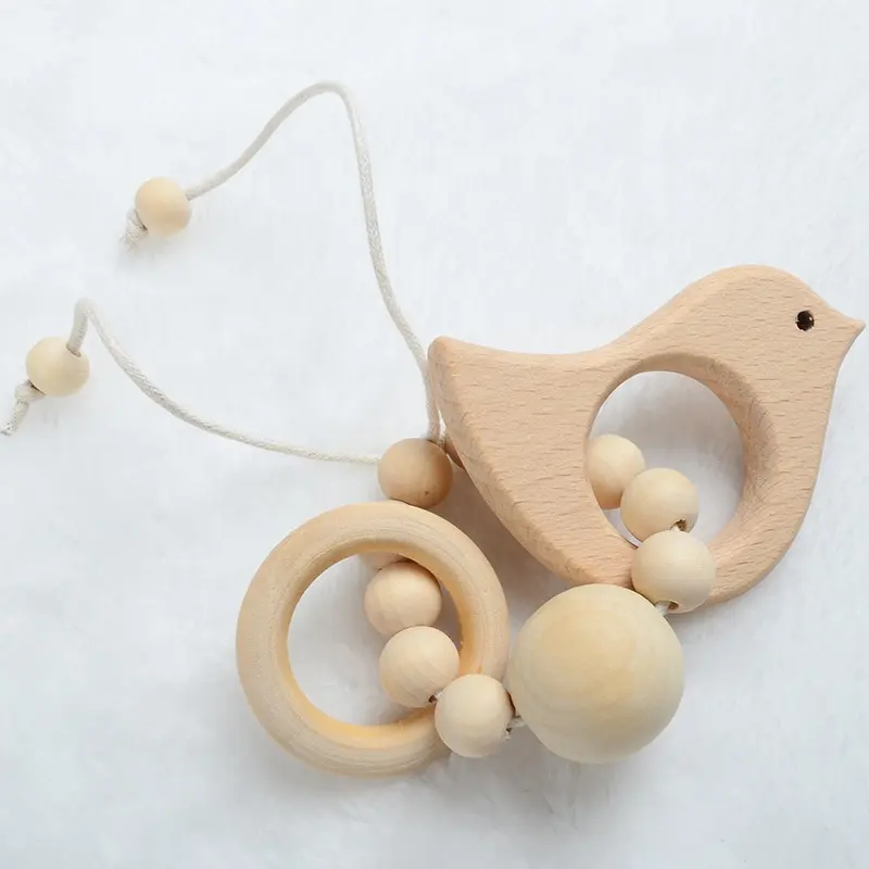 Baby Teething Ring Wooden Beads Cute Animals Teether Toy Toddler Stroller Toy Sensory Toys For Infants Newborn Shower Gift