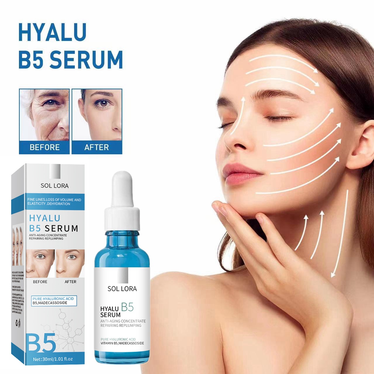 Suero facial orgánico antienvejecimiento Hyalu B5 ácido hialurónico puro vitamina B5 reafirmante reparador suero para el