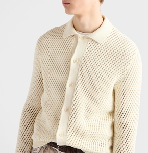 <span class=keywords><strong>Cardigan</strong></span> in Maglia per Uomo con Logo Ricamato Personalizzato, 100% Cotone, Design Traforato, Casual, <span class=keywords><strong>Slim</strong></span> Fit, Beige, Manica Lunga - Product Image 2