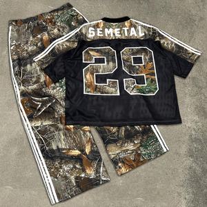 Custom Streetwear V Neck Print Boxy T-shirt <b>Set</b> Nylon Straight Leg Baggy <b>Sweatpants</b> <b>Set</b> Camo Oversized Men's Shirt And Pants <b>Set</b> - Product Image 2