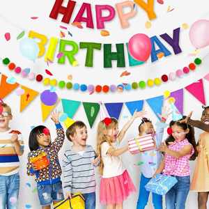 Colorful Party Decoration Happy Birthday <b>Felt</b> Banner Garland With Pom Balls and Triangle Pennant Flags - Product Image 1