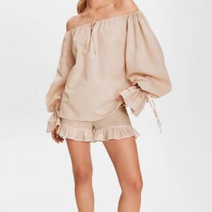 Blusa de Verano para Mujer, Estilo Moderno, Nueva, en Oferta, de Lino y Algodón, Manga Larga, Hombros Elásticos con Volantes, Color Sólido - Product Image 1