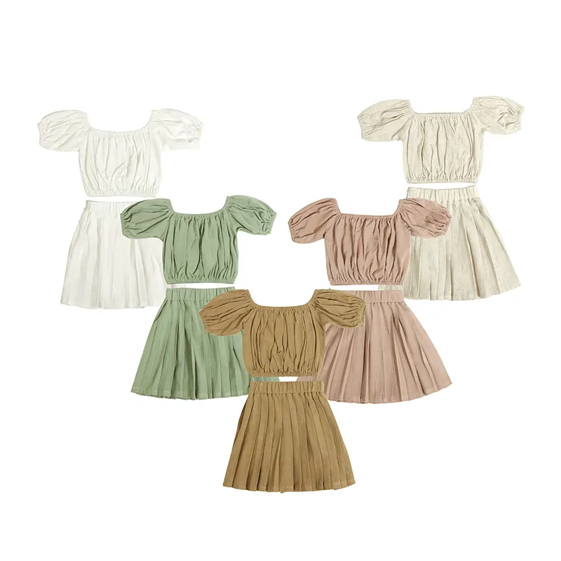 Neues Design Babykleidung Sommer Puffärmel elastische Taille plissiert Rock solide Farbe Baby-Girlsets