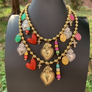 Collares de cadena de bolas de oro de estilo popular, collares de Amore con letras metálicas, collares de corazón esmaltados con Cruz de La Virgen María, de estilo popular, en venta al por mayor - Product Image 2