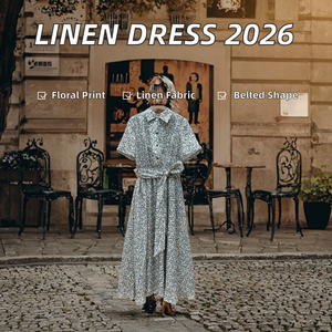 Vestido Midi de Lino 100% para Mujer, Estilo Verano 2026, Cuello Camisero, Estampado Floral Vintage, Lazos, Manga Corta, Antiarrugas, Corte A, Estilo Imperio - Product Image 2