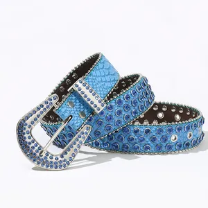 New BB Simon Belts In Blue Rhinestone Belt For Woman Custom Wersern Diamond PU Leather Belts Yiwu Factory