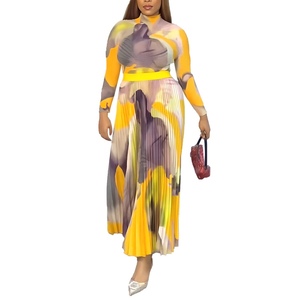 Ensemble 2 pièces pour femmes, haut à manches longues à col montant, jupe plissée élégante mi-longue, tendance - Product Image 2