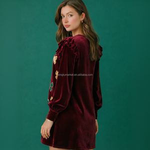 <span class=keywords><strong>Robe</strong></span> mini en velours pour <span class=keywords><strong>femme</strong></span>, bordeaux, or, vert, broderie nœud, grande taille, manches longues, robes <span class=keywords><strong>de</strong></span> fête - Product Image 2