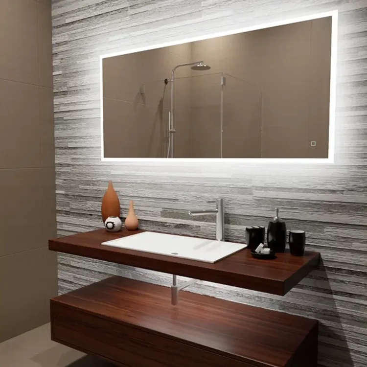 Espejo de baño con borde esmerilado, tocador con iluminación LED regulable y reflejo