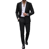 Ensemble de costume formel noir pour homme, veste croisée à revers pointus avec broderie de sequins sur la poitrine et pantalon uni pour banquet et soirée