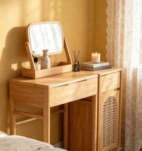 Premium Solid Oak Rattan <b>Dressing</b> <b>Table</b> Adjustable Mirror Multi <b>Storage</b> Cabinet Minimalist Bedroom Makeup Vanity - Product Image 2