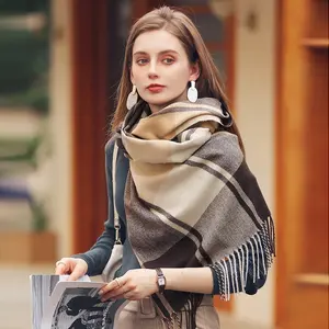 New Design Women Warm Soft Pashmina Neck Scarves Shawl Blanket Plaid Tassel Cashmere Oblong Chunky Fluffy Scarf