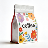 Sachet d'emballage de café blanc imprimé personnalisé, à fond plat, mat, à motif floral, refermable avec fermeture éclair et encoche de déchirement, vide, en gros
