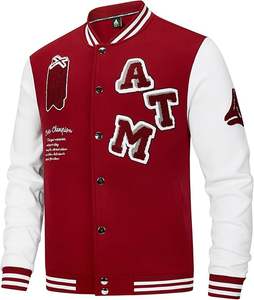 แจ็คเก็ตวาร์ซิตี้ผู้ชายแบบ OEM สกรีนโลโก้ตามสั่ง สีแดงและขาว แขนเสื้อตัดกัน ปักลายเชนิลล์ แจ็คเก็ตบอมเบอร์วาร์ซิตี้สำหรับสโมสร - Product Image 2