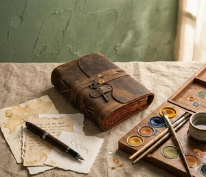 Vintage Leather Grimoire Journal with Skeleton Key Lock Handmade Deckle Edge Book of Shadows, Antique Spell Writing Notebooks - Product Image 2