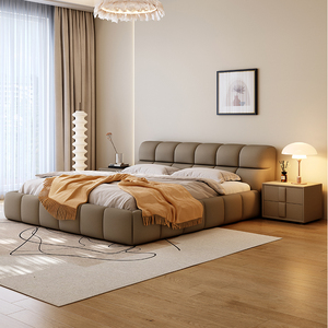 미니멀리스트 가죽 심플 퍼프 침실 세트를위한 독특한 디자인 가죽 헤드 보드와 구름 침대 덮개를 씌운 침대 바닥 - Product Image 6