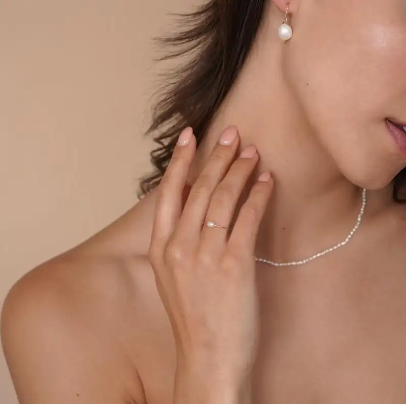 Anello di perle d'acqua dolce minimalista da donna 18K PVD placcato in oro, anelli sottili, piccoli, anelli di perle, gioielli da donna