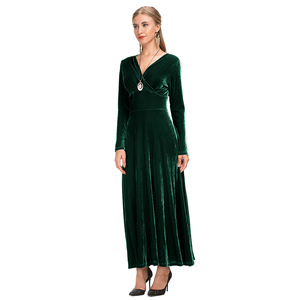 Las mujeres de baile de fiesta rojo vestido largo con cuello en V de manga completa falda alta cintura vestido de <span class=keywords><strong>terciopelo</strong></span> - Product Image 4