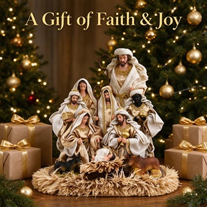 Handgefertigtes Krippenfiguren-Set aus Kunstharz, Weihnachtsdekoration & Sammlerstück, 3-teilige Weiße & Goldene Heilige Familie mit Beeren - Product Image 6