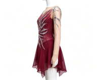 Robe de patinage artistique pour enfants, col en V, dos ouvert, couleur bordeaux, avec strass argentés et maille, pour spectacle sur scène et compétition de danse sur glace