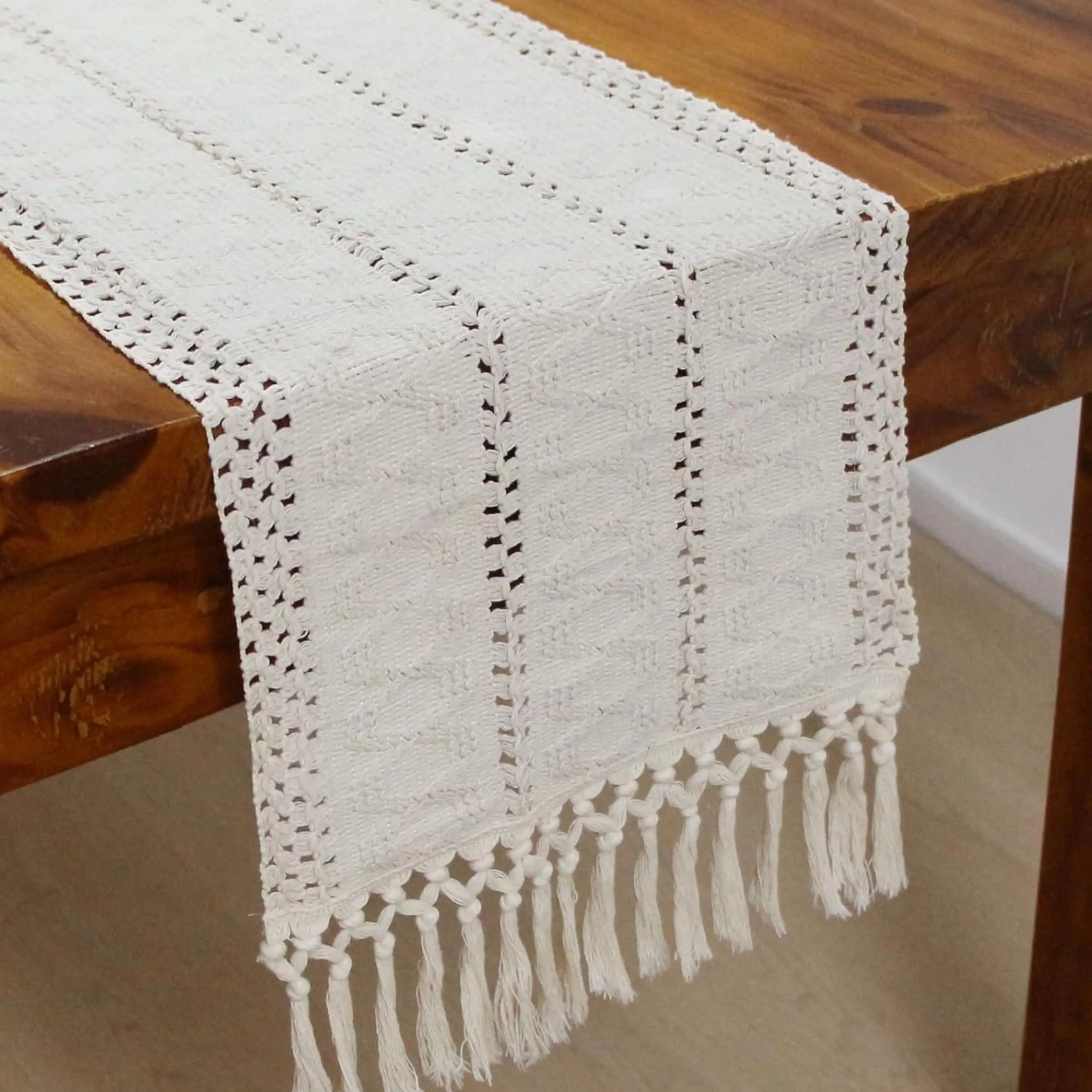 Skymoving Nouveaux Textiles de Maison Personnalisés Long Chemin de Table Crème Ivoire Ferme Tissé Chemins de Table avec Glands pour la Décoration Intérieure