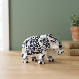 Figurine d'éléphant en poterie bleue artisanale avec motif floral, statue traditionnelle indienne pour table - Product Image 3