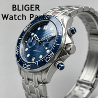 Montre analogique à quartz pour homme BLIGER 41 mm VK64 Chronographe, lunette en céramique bleue, verre saphir, bracelet en acier inoxydable étanche