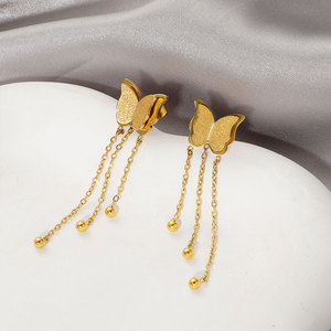 Korean 316L Stainless Steel 14k 18k Pvd Gold Plated Butterfly High Quality Jewelry Fashion <b>Tassel</b> Drop Gold <b>Earrings</b> for Women - Product Image 2