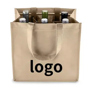 Custom Supermarket Grocery Promotion Beige Whisky Gift Carrier Tote Bag 4 Bottle 6 Bottles Reusable Non-woven Wine Bag