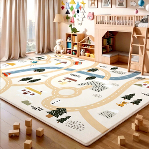 Tapis pour enfants EIFFEL HOME, couleur abricot chaud, en fibre de polyester, motif de route de dessin animé, pour salon, chambre à coucher, tapis de jeu, avec support en mousse extra épaisse - Product Image 1