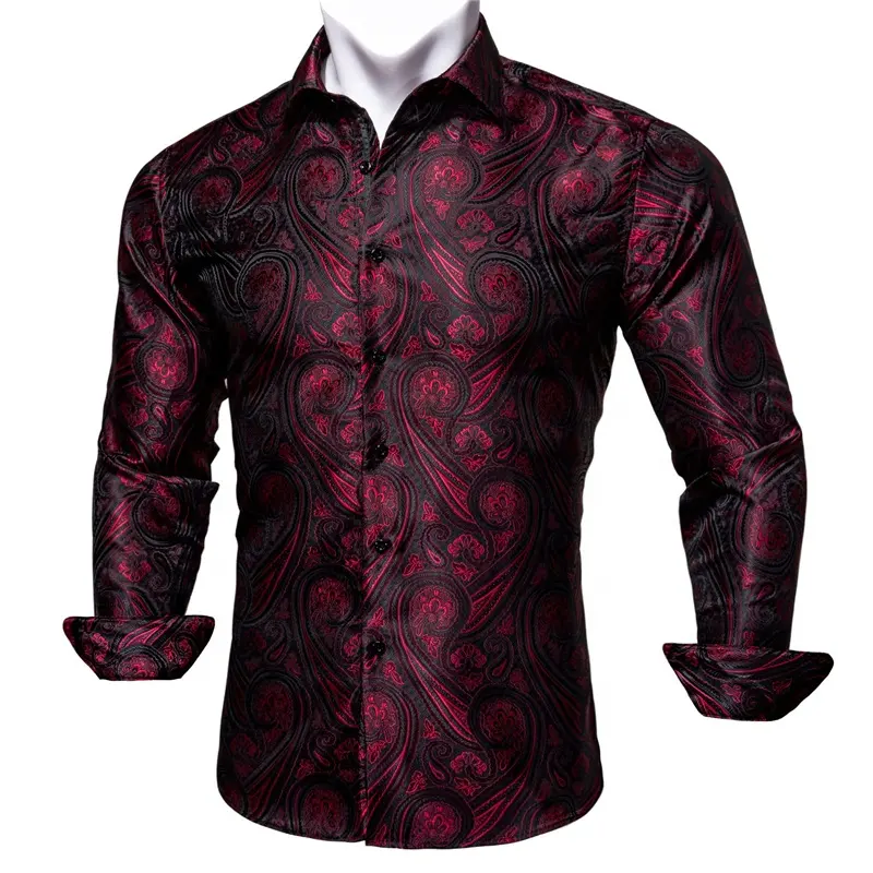 Formal Casual Long Sleeve Black Red Woven Silk Flower Button Dress Shirt Paisley Men Shirts
