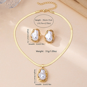 Women Baroque <b>Pearl</b> Jewelry Set Gold Herringbone Snake Chain Pendant <b>Necklace</b> Irregular <b>Pearl</b> Stud <b>Earrings</b> for Daily Party - Product Image 4