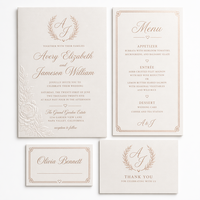Ensemble de papeterie de mariage personnalisé en papier blanc nacré avec menu, marque-place, carte de remerciement et dorure or rose pour une papeterie nuptiale romantique