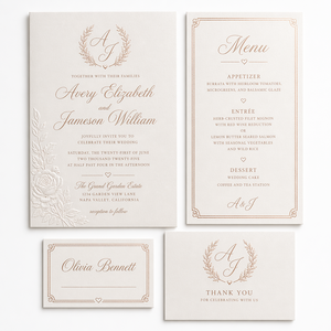 Ensemble de papeterie de <span class=keywords><strong>mariage</strong></span> personnalisé en papier blanc nacré avec menu, marque-place, carte de remerciement et dorure or rose pour une papeterie nuptiale romantique - Product Image 1