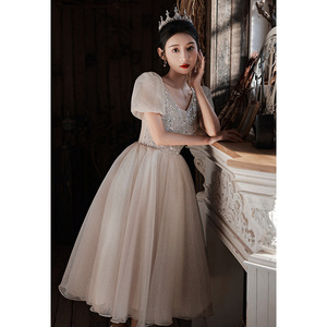 Evening Gown Women Champagne Mid Length V Neck Puff Sleeve A Line Empire Waist Vintage Style Hostess Dress - Product Image 3